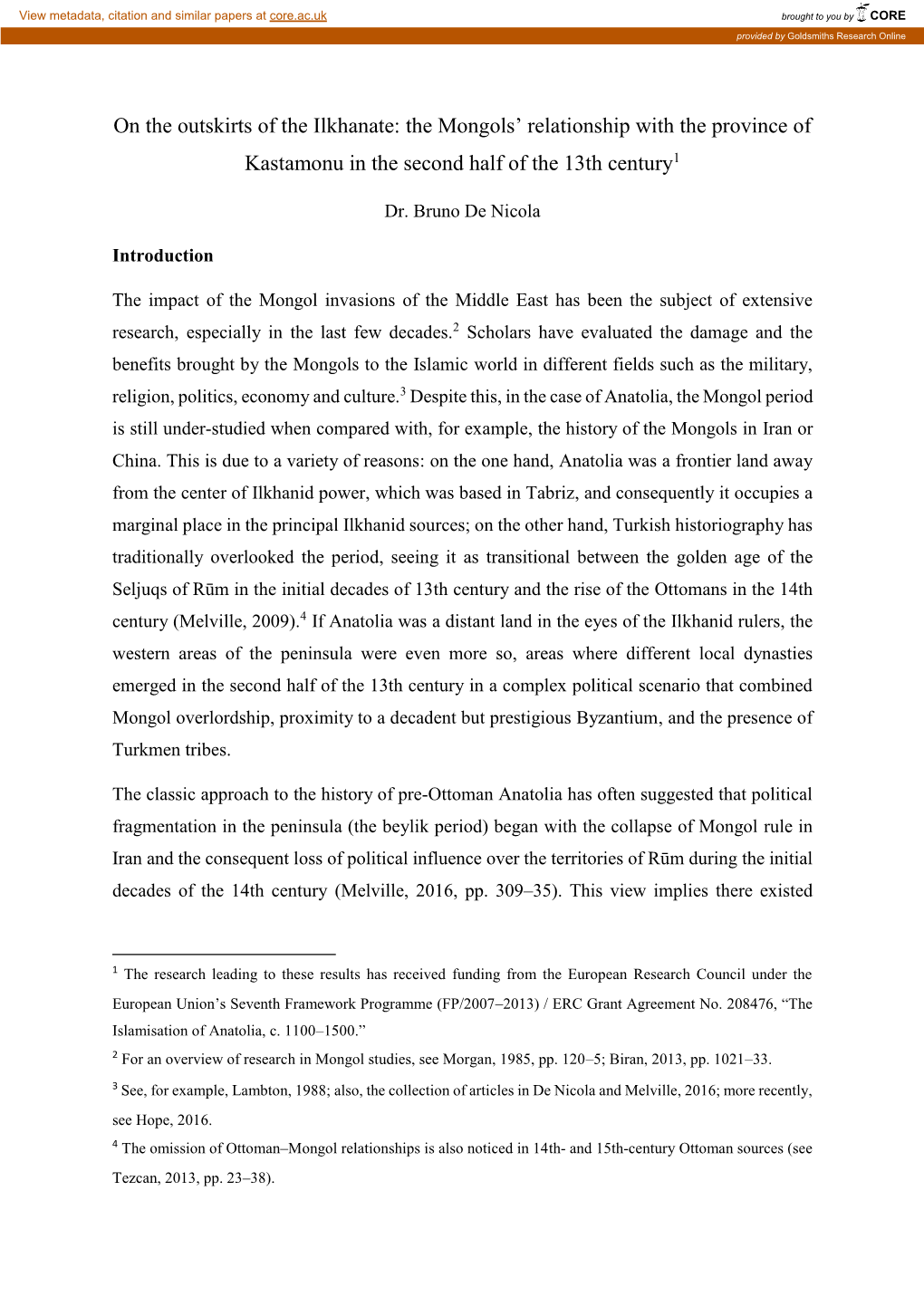 On the Outskirts of the Ilkhanate: the Mongols' Relationship with the Province of Kastamonu in the Second Half of the 13Th