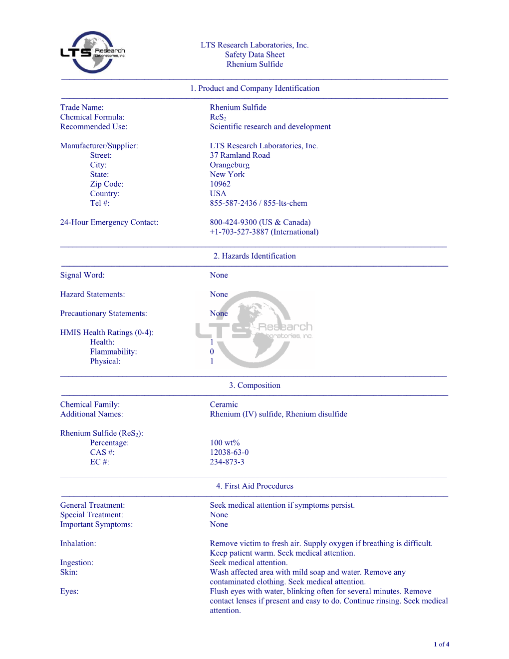 LTS Research Laboratories, Inc. Safety Data Sheet Rhenium Sulfide ––––––––––––––––––––––––––––––––––––––––––––––––––––––––––––––––––––––––––––––––––––––––––––– 1