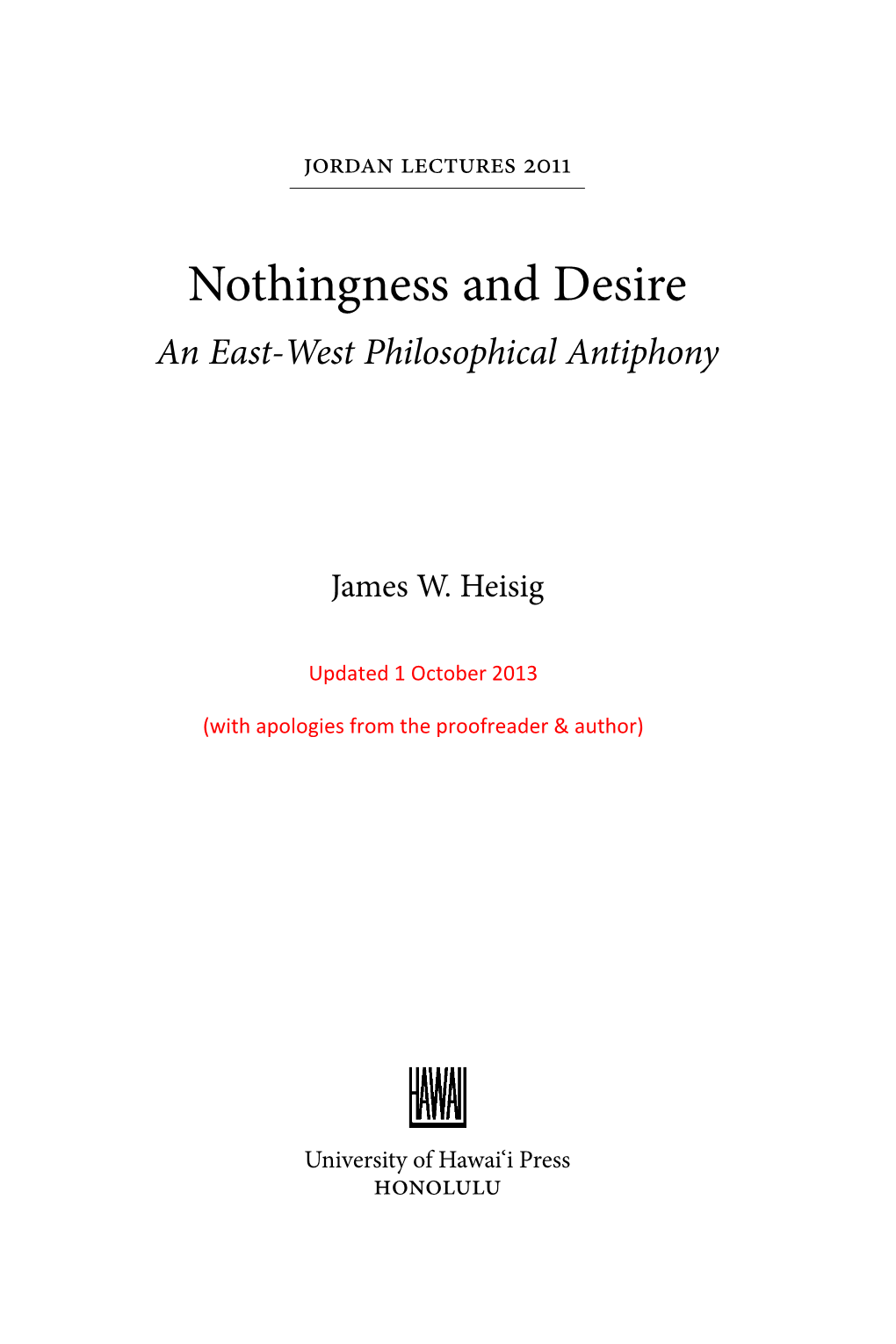 Nothingness and Desire an East-West Philosophical Antiphony