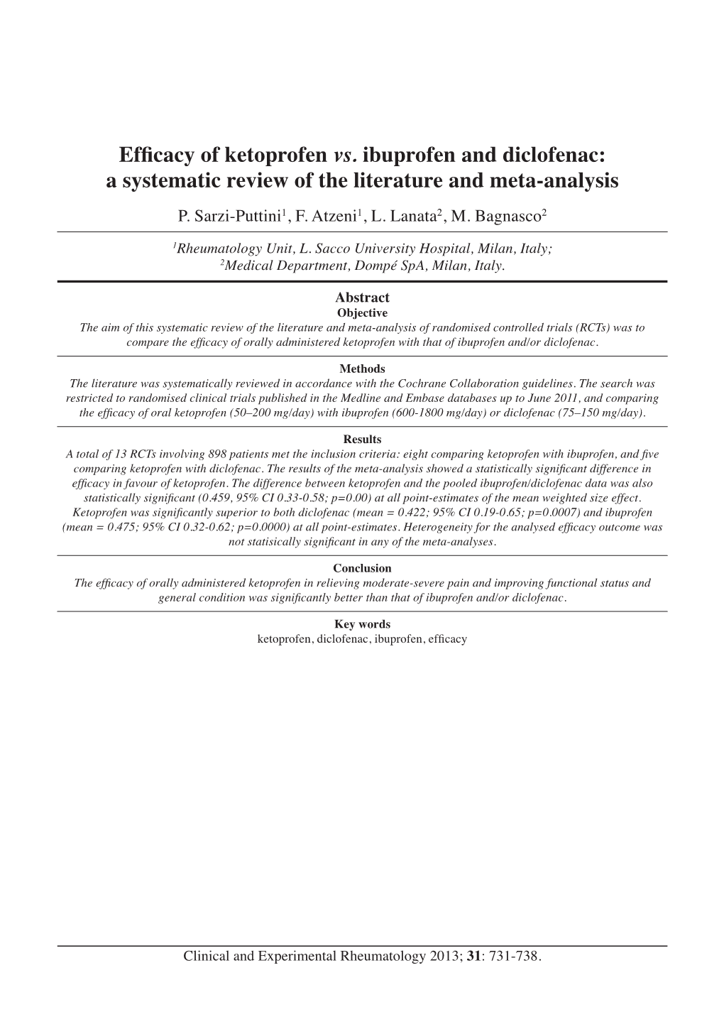 Efficacy of Ketoprofen Vs. Ibuprofen and Diclofenac: a Systematic Review of the Literature and Meta-Analysis P