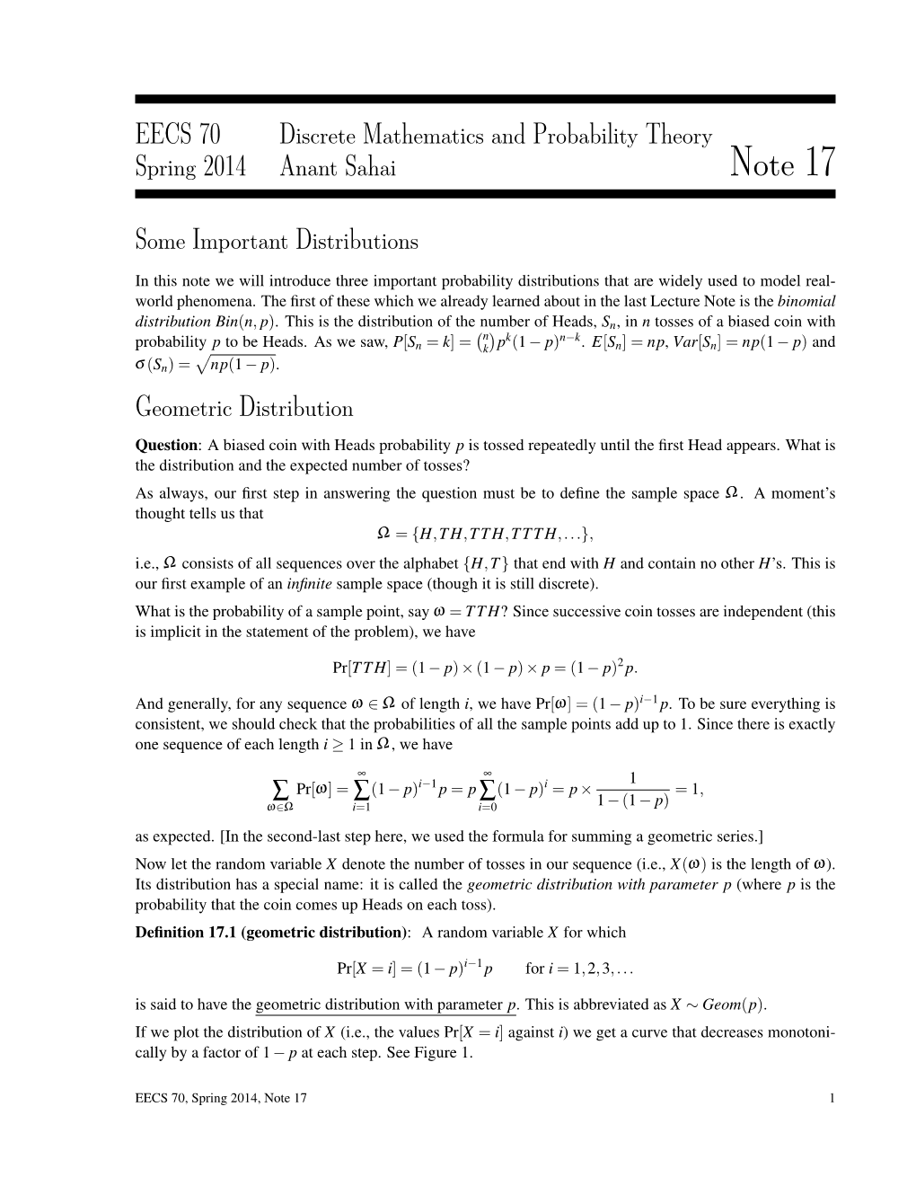 Lecture Notes #17: Some Important Distributions and Coupon Collecting