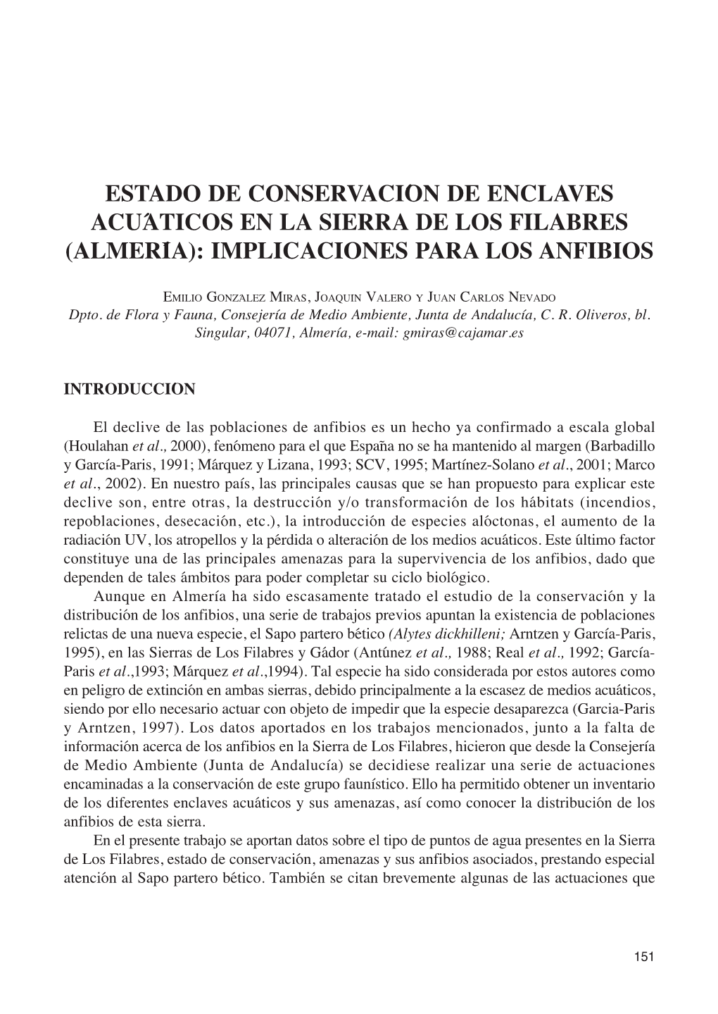 Estado De Conservación De Enclaves Acuáticos En La Sierra De Los Filabres (Almería): Implicaciones Para Los Anfibios
