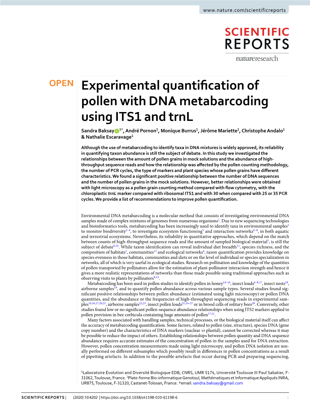Experimental Quantification of Pollen with DNA Metabarcoding Using