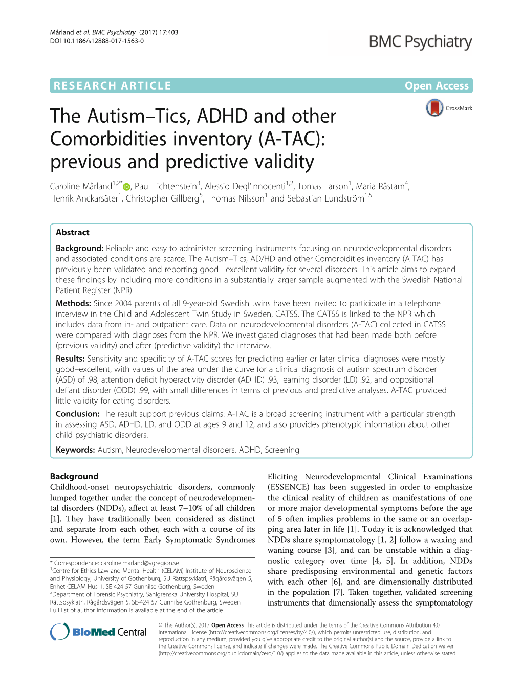 The Autism–Tics, ADHD and Other Comorbidities