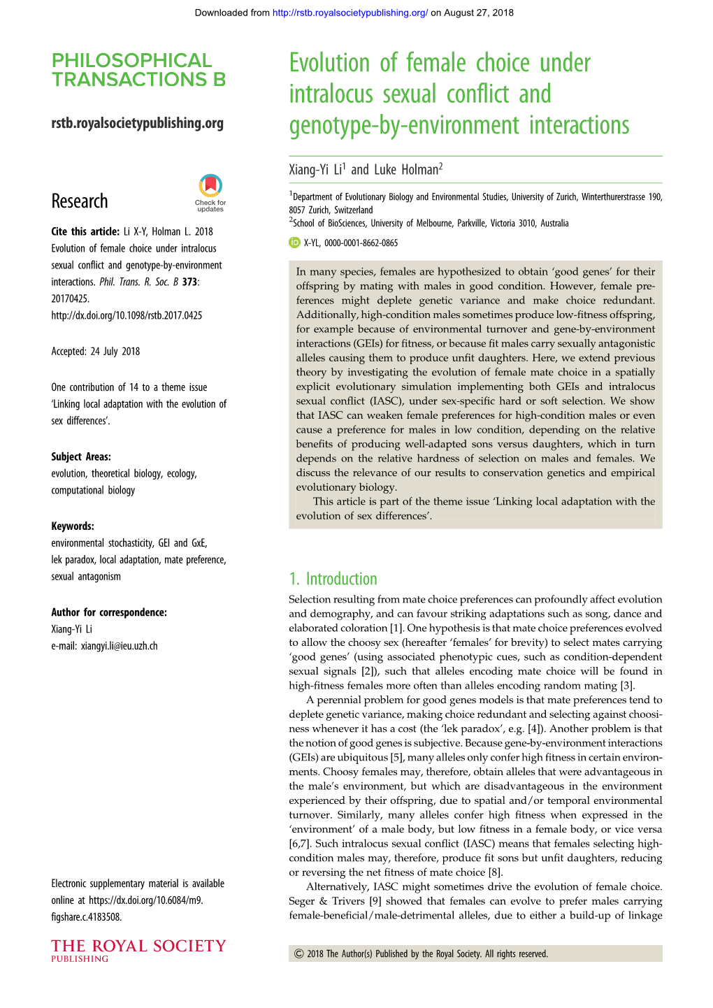 Evolution of Female Choice Under Intralocus Sexual Conflict and Rstb.Royalsocietypublishing.Org Genotype-By-Environment Interactions