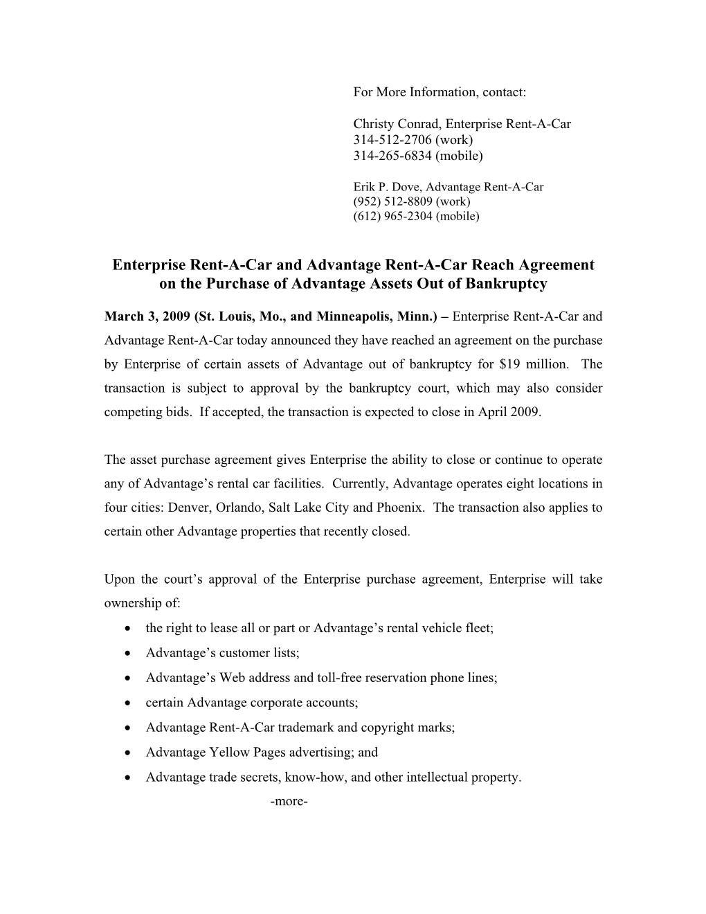 March 03 2009 03 Press Release Enterprise Rent-A-Car and Advantage Rent-A-Car Reach