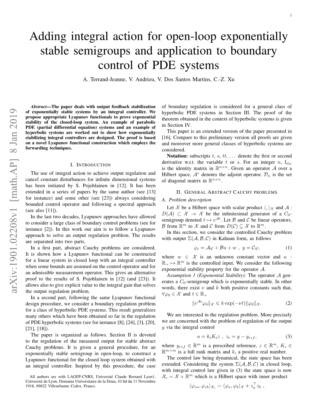 Adding Integral Action for Open-Loop Exponentially Stable Semigroups and Application to Boundary Control of PDE Systems A