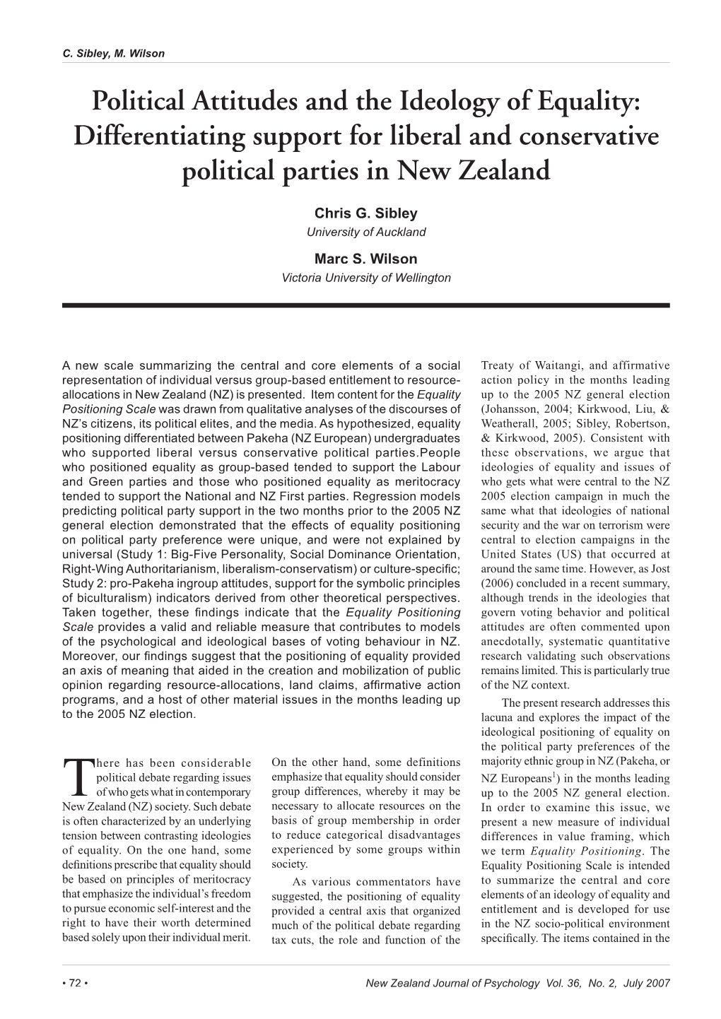 Political Attitudes and the Ideology of Equality: Differentiating Support for Liberal and Conservative Political Parties in New Zealand