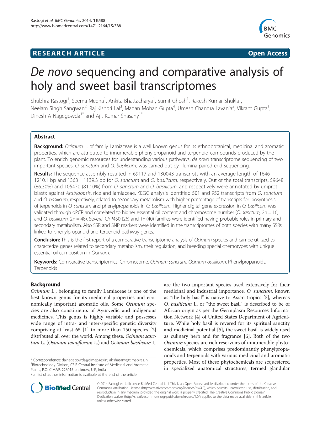 De Novo Sequencing and Comparative Analysis of Holy and Sweet Basil