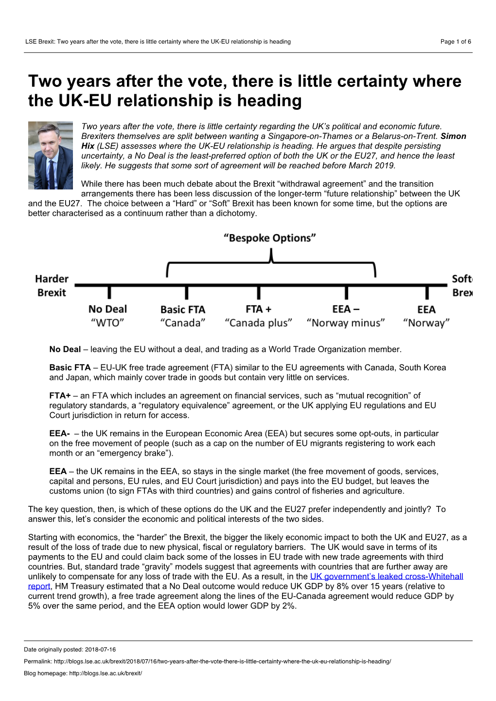 LSE Brexit: Two Years After the Vote, There Is Little Certainty Where the UK-EU Relationship Is Heading Page 1 of 6