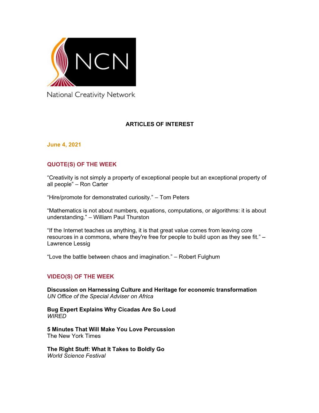 NCN Articles of Interest | June 4, 2021