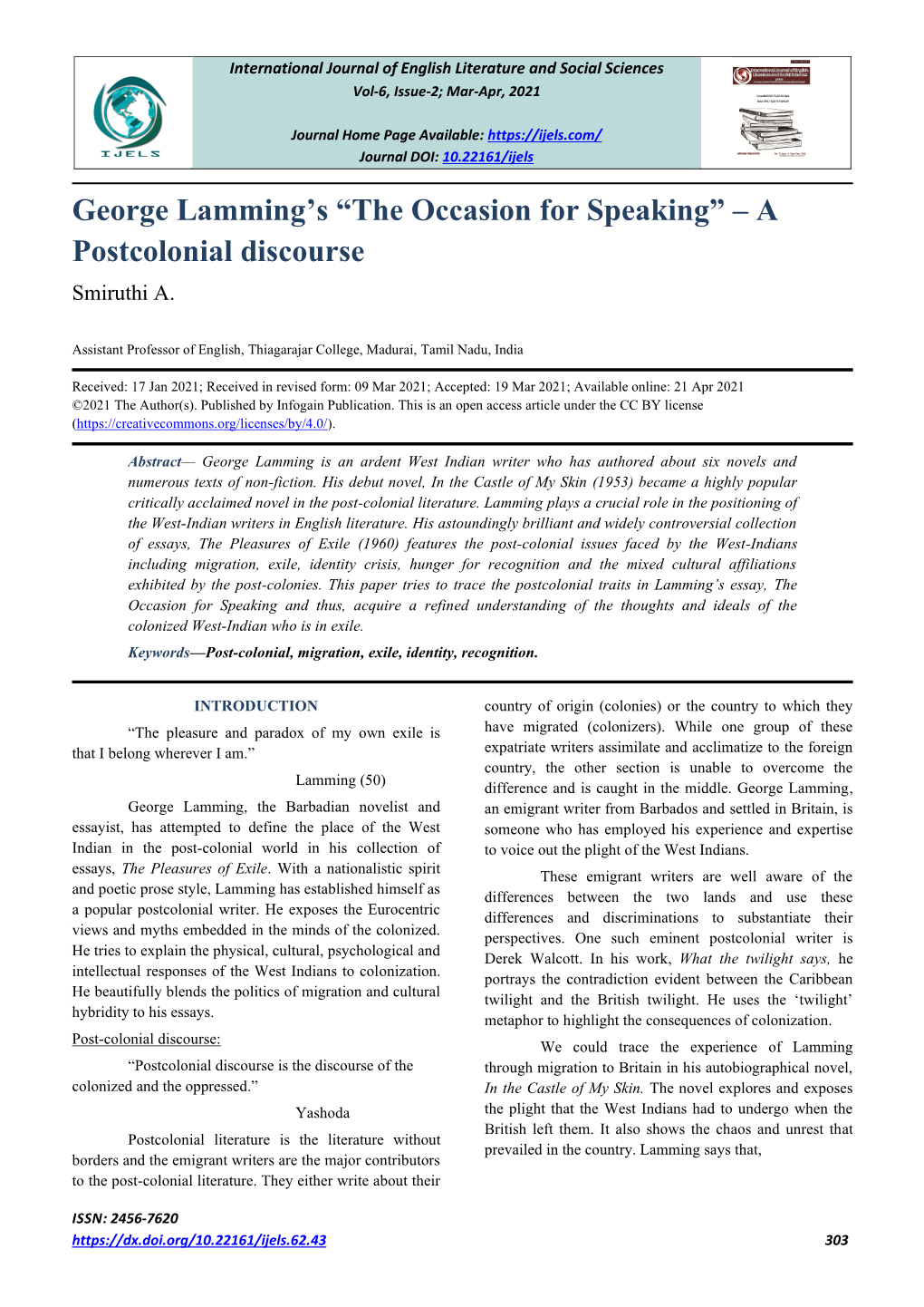 George Lamming's “The Occasion for Speaking” – a Postcolonial Discourse