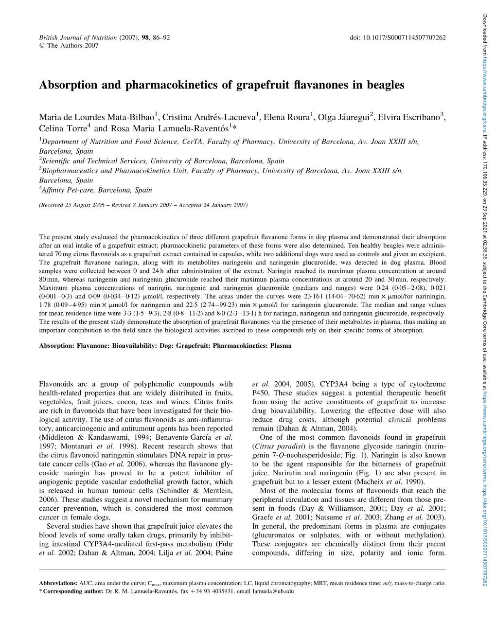 Absorption and Pharmacokinetics of Grapefruit Flavanones in Beagles