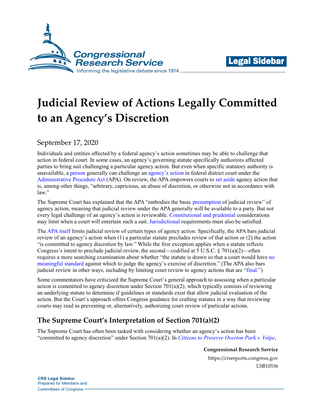 Judicial Review of Actions Legally Committed to an Agency's Discretion