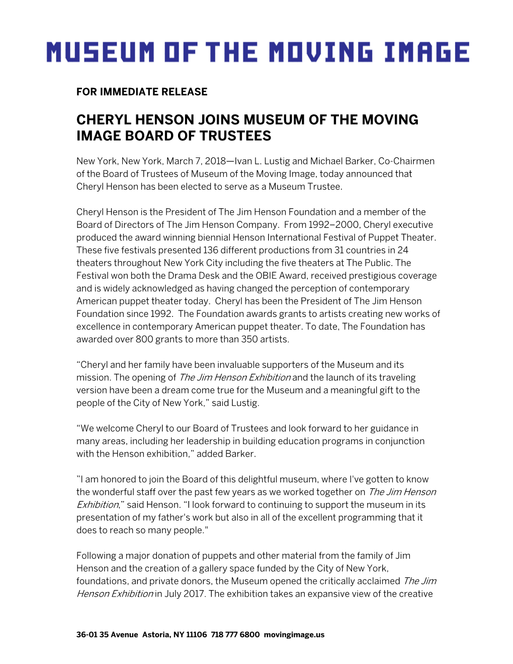 Cheryl Henson Joins Museum of the Moving Image Board of Trustees
