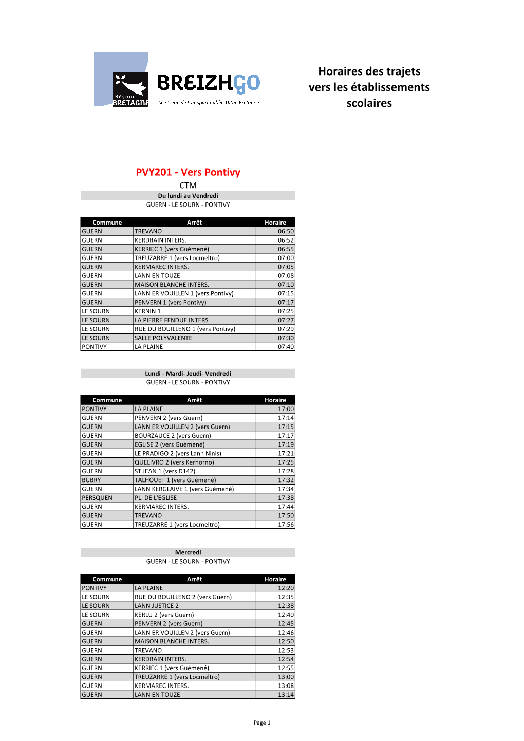 Horaires Des Trajets Vers Les Établissements Scolaires