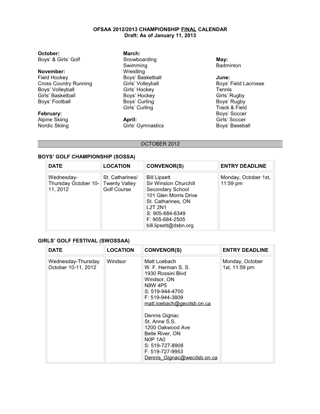 Ofsaa 2012/2013 Championship Final Calendar