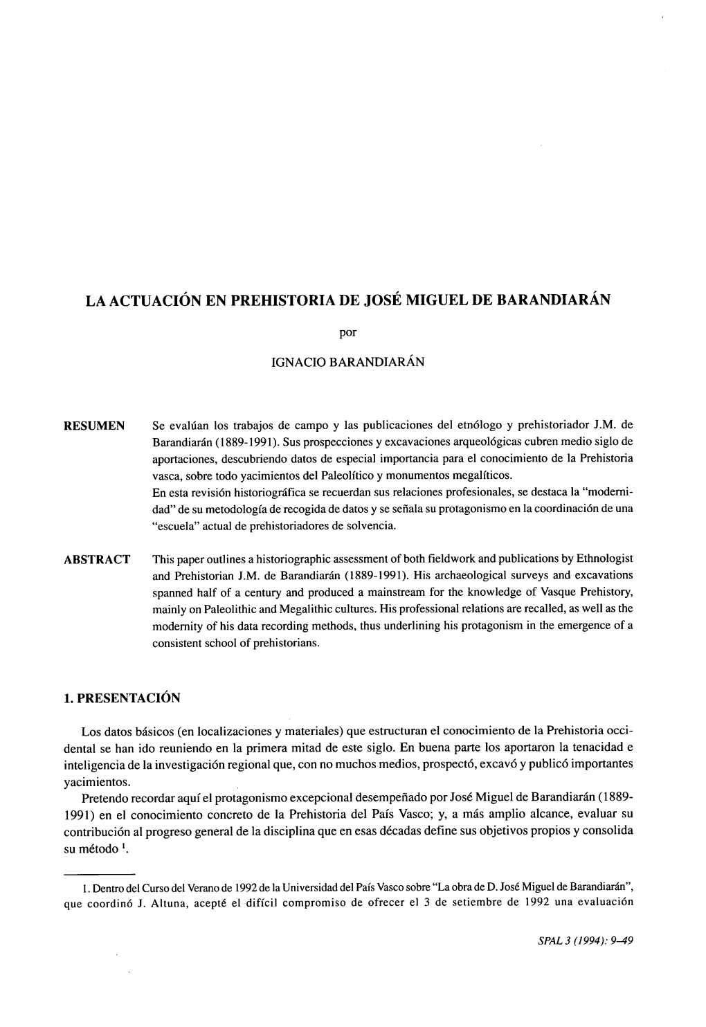 La Actuación En Prehistoria De José Miguel De Barandiarán