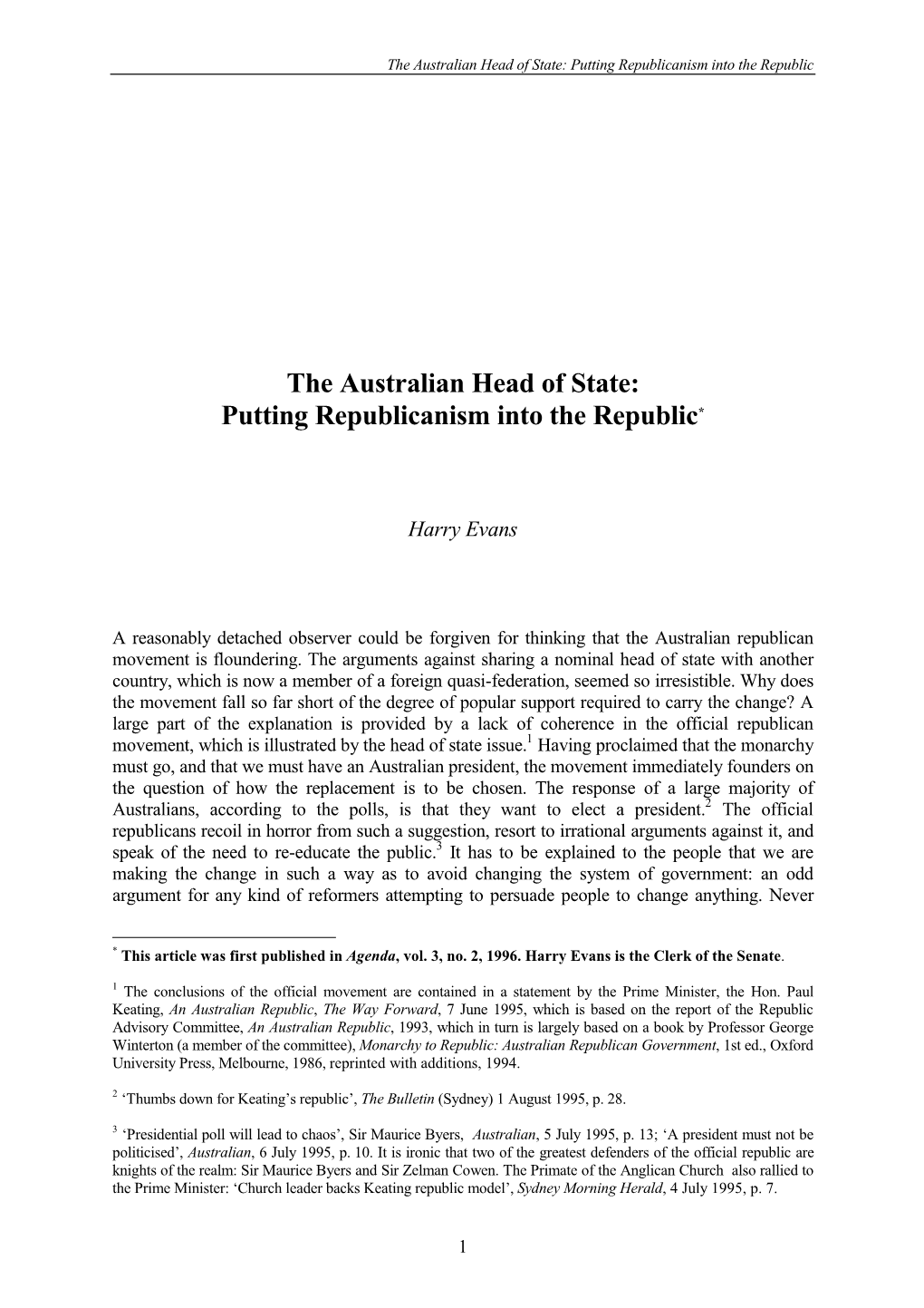 The Australian Head of State: Putting Republicanism Into the Republic