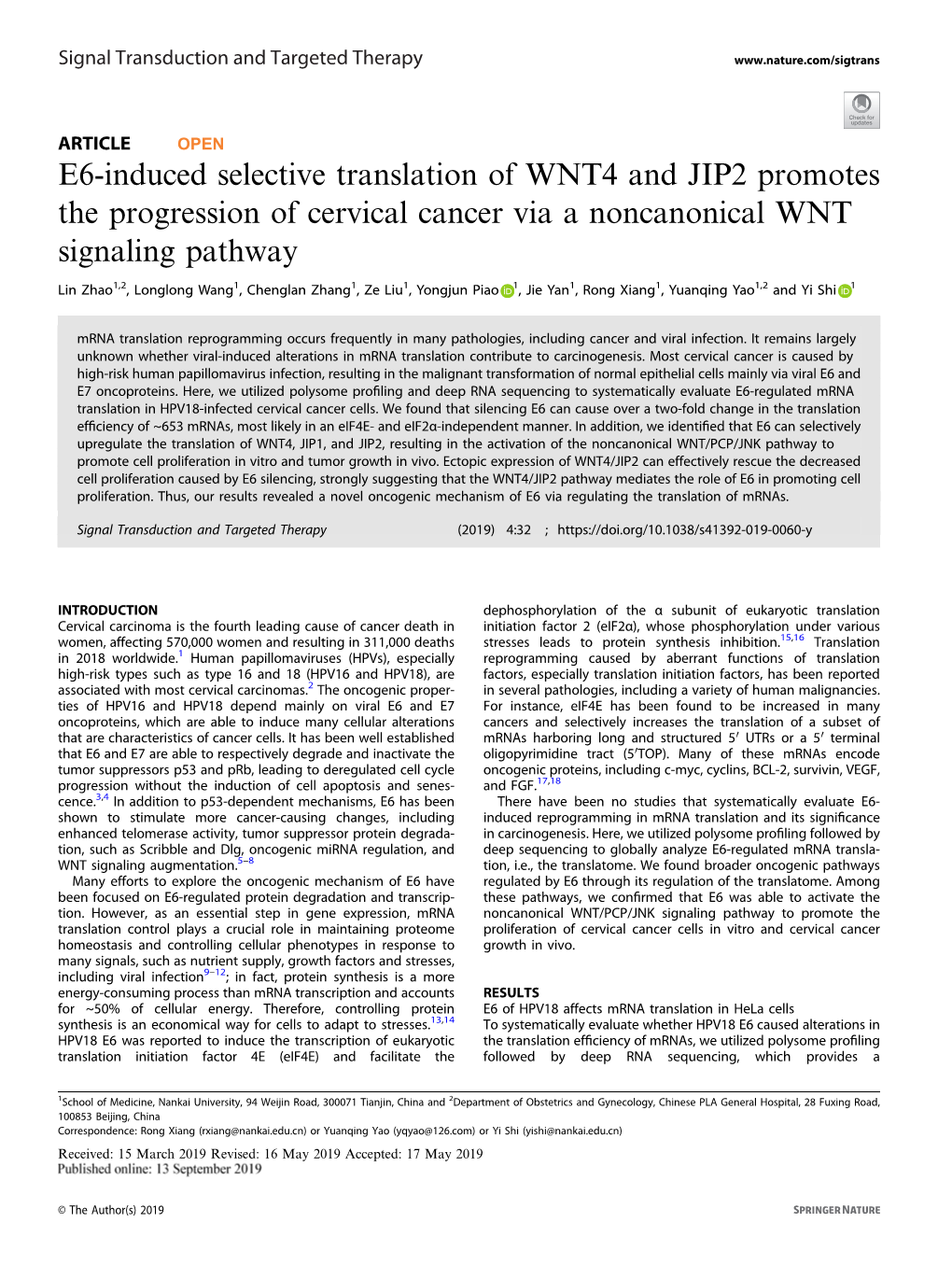 E6-Induced Selective Translation of WNT4 and JIP2 Promotes the Progression of Cervical Cancer Via a Noncanonical WNT Signaling Pathway