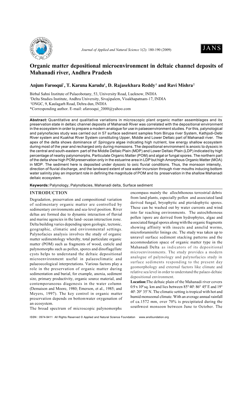 Organic Matter Depositional Microenvironment in Deltaic Channel Deposits of Mahanadi River, Andhra Pradesh