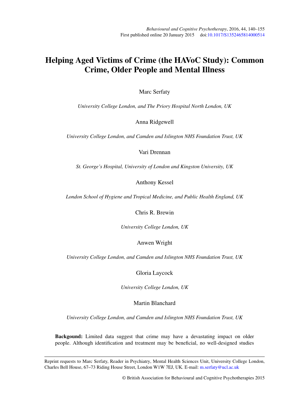 Helping Aged Victims of Crime (The Havoc Study): Common Crime, Older People and Mental Illness