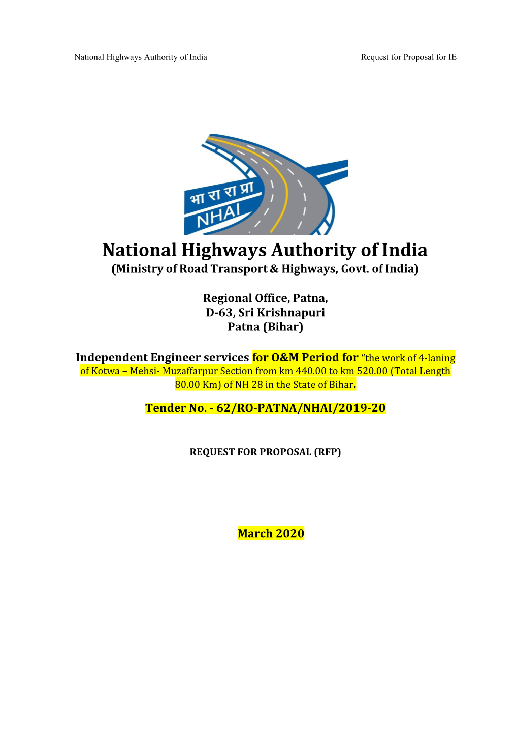 National Highways Authority of India Request for Proposal for IE