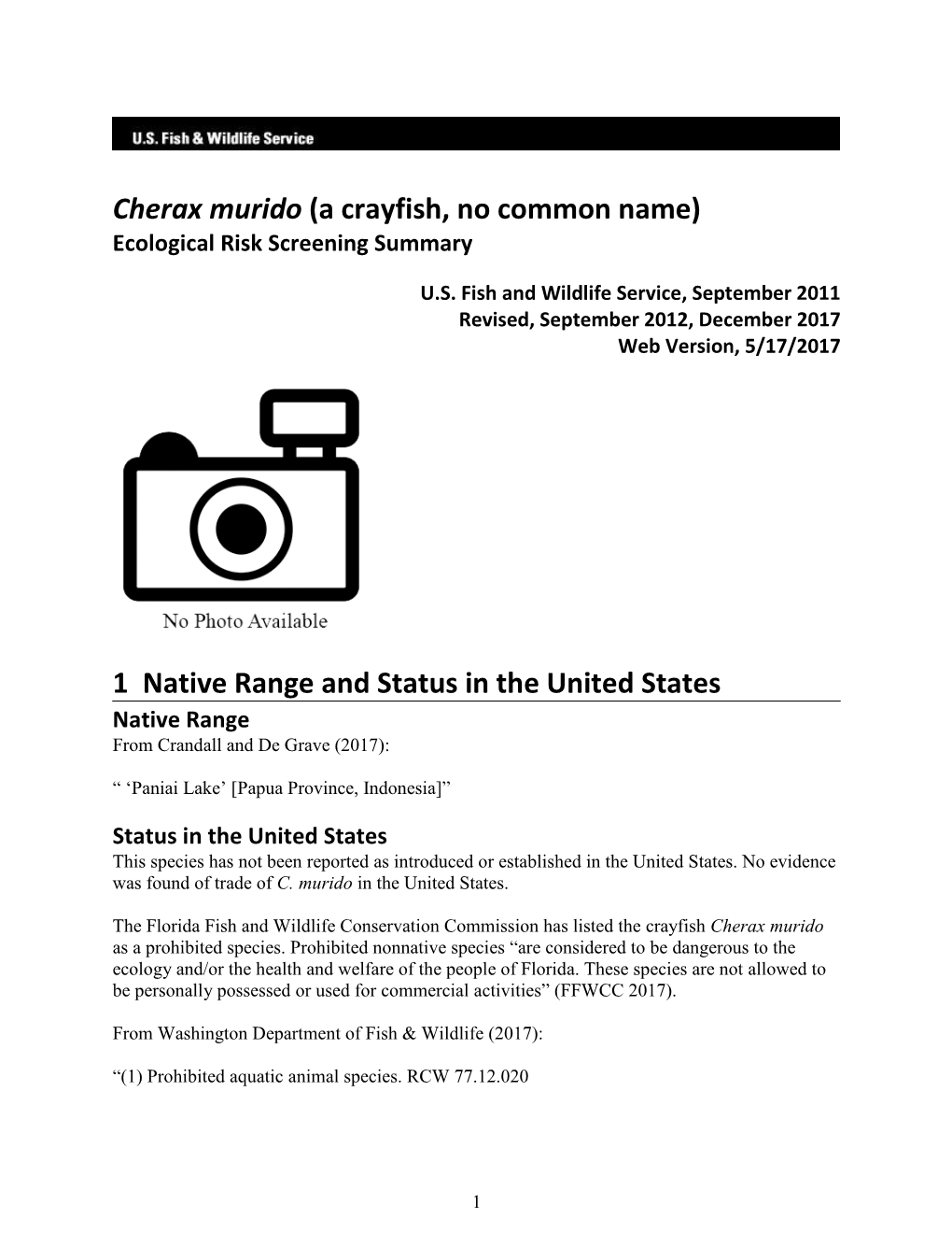 Cherax Murido (A Crayfish, No Common Name) Ecological Risk Screening Summary