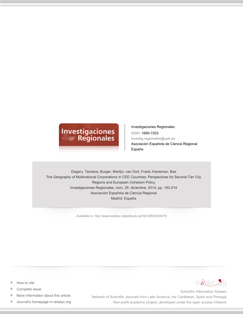 The Geography of Multinational Corporations in CEE Countries: Perspectives for Second-Tier City Regions and European Cohesion Policy Investigaciones Regionales, Núm