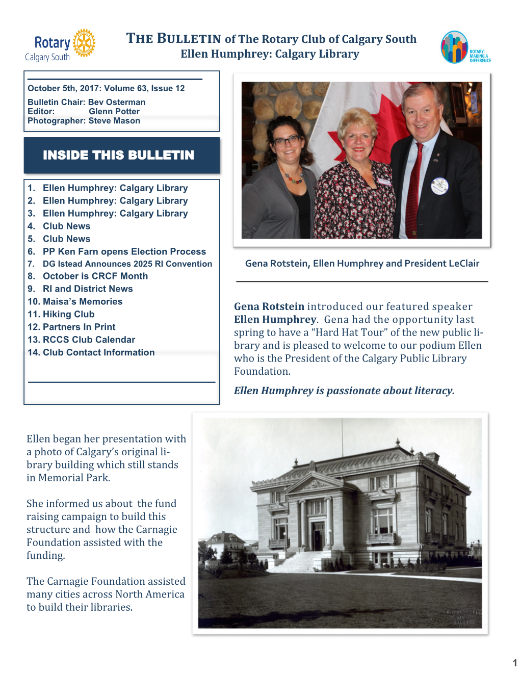 The Bulletin of the Rotary Club of Calgary South Ellen Humphrey: Calgary Library