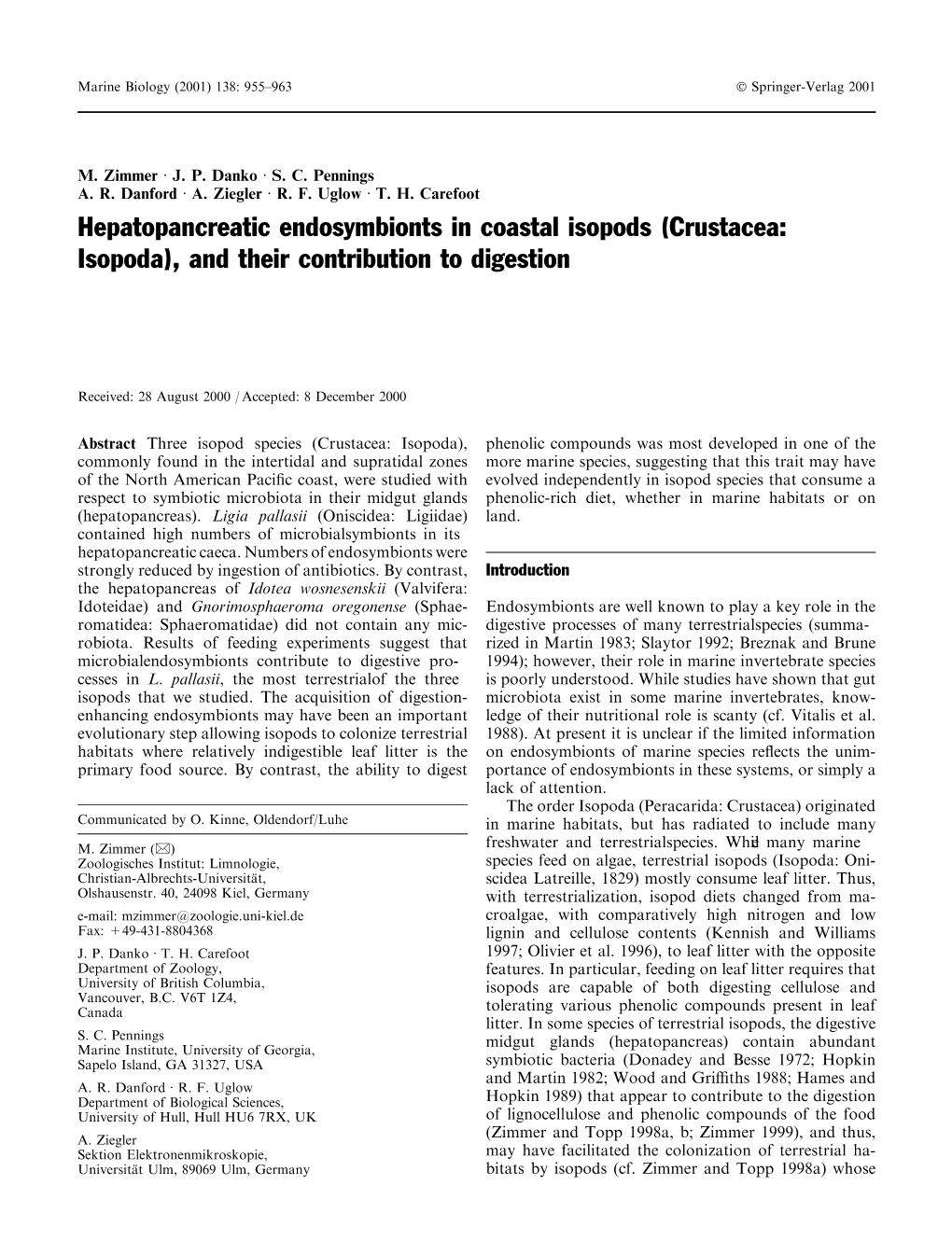 Hepatopancreatic Endosymbionts in Coastal Isopods (Crustacea: Isopoda)