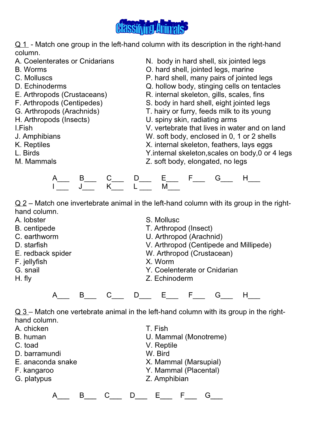 Matching Exercise Animals