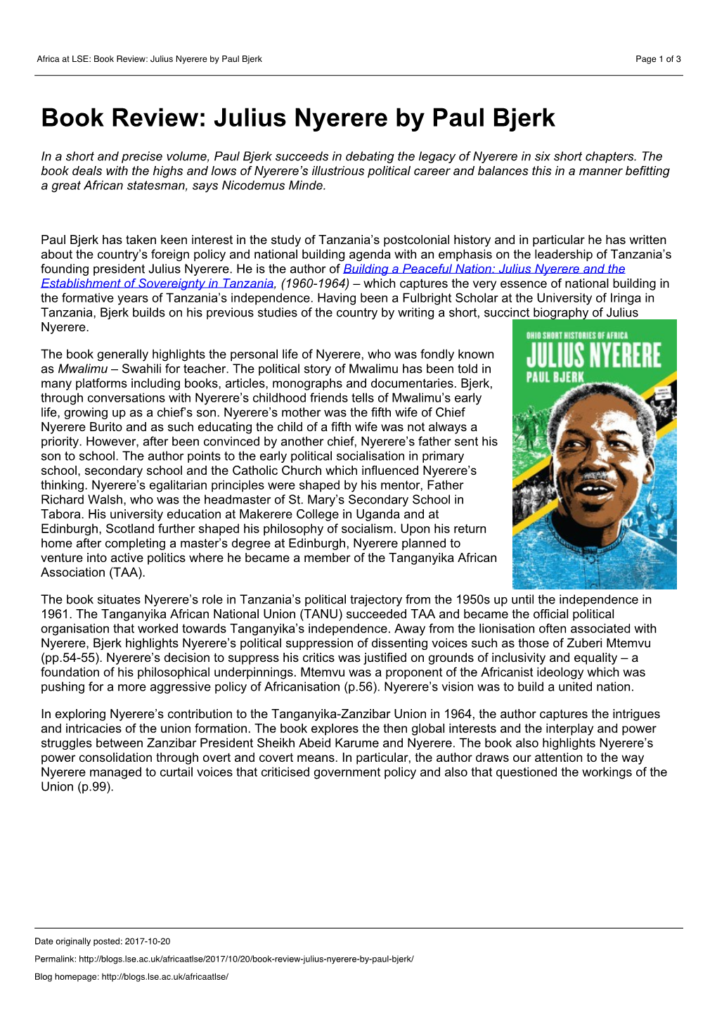 Africa at LSE: Book Review: Julius Nyerere by Paul Bjerk Page 1 of 3