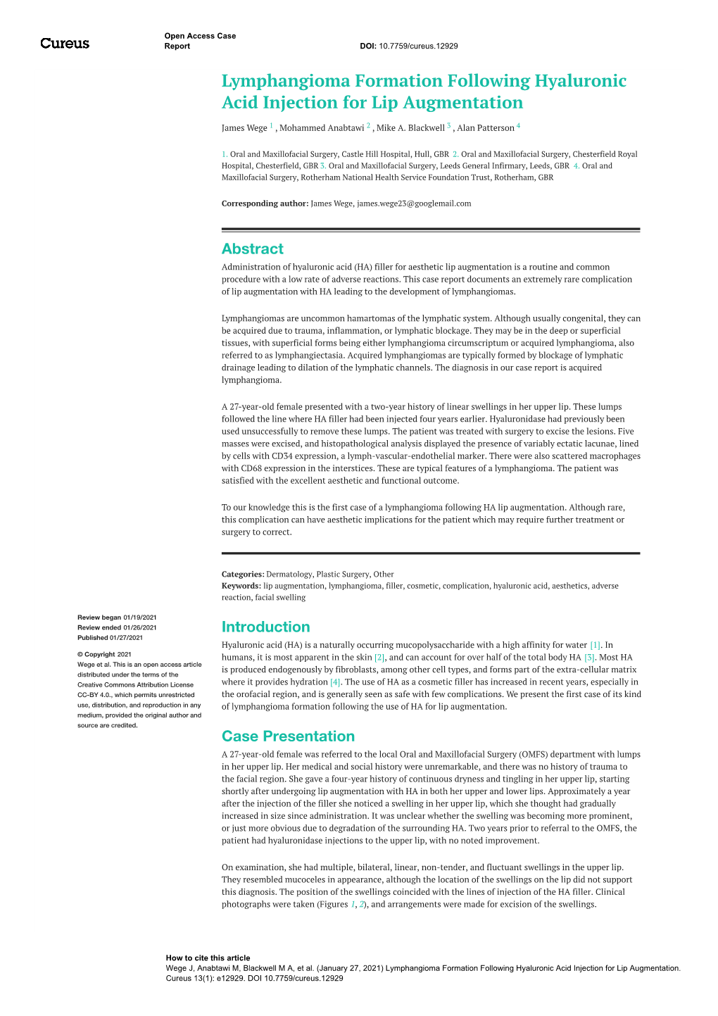 Lymphangioma Formation Following Hyaluronic Acid Injection for Lip Augmentation