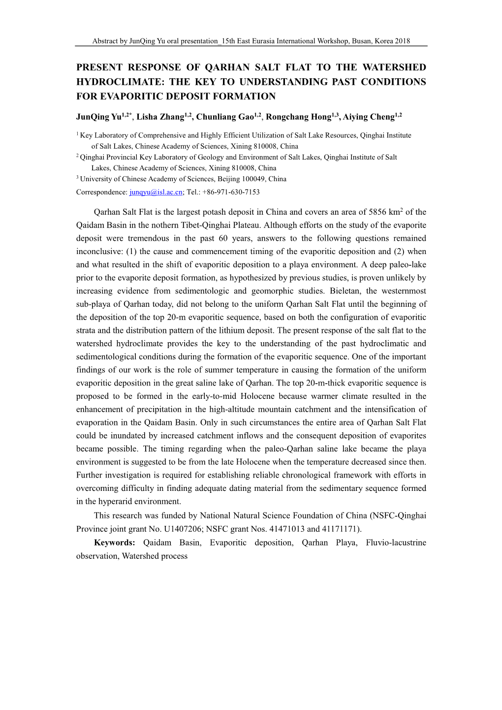 Present Response of Qarhan Salt Flat to the Watershed Hydroclimate: the Key to Understanding Past Conditions for Evaporitic Deposit Formation