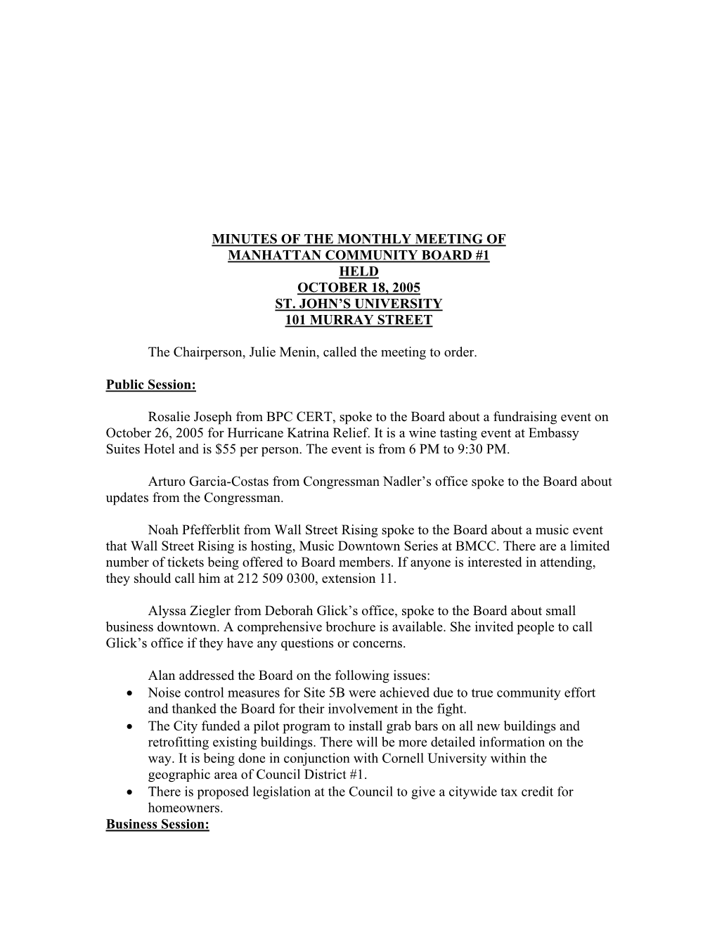 Minutes of the Monthly Meeting of Manhattan Community Board #1 Held October 18, 2005 St