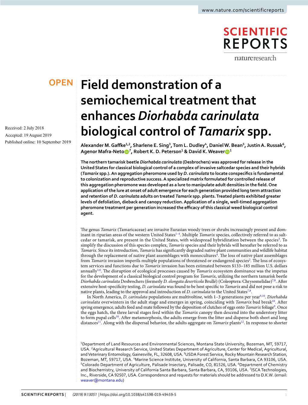 Field Demonstration of a Semiochemical Treatment That Enhances Diorhabda Carinulata Received: 2 July 2018 Accepted: 19 August 2019 Biological Control of Tamarix Spp