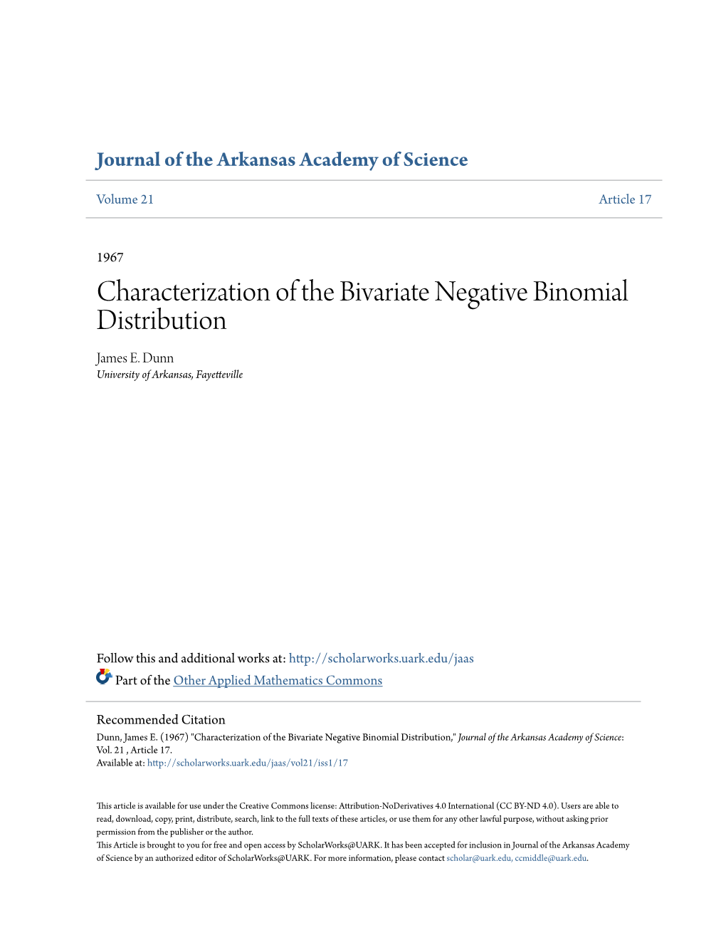 Characterization of the Bivariate Negative Binomial Distribution James E