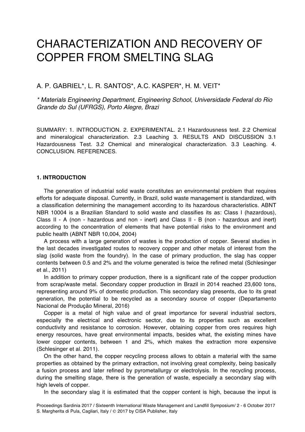 Characterization and Recovery of Copper from Smelting Slag