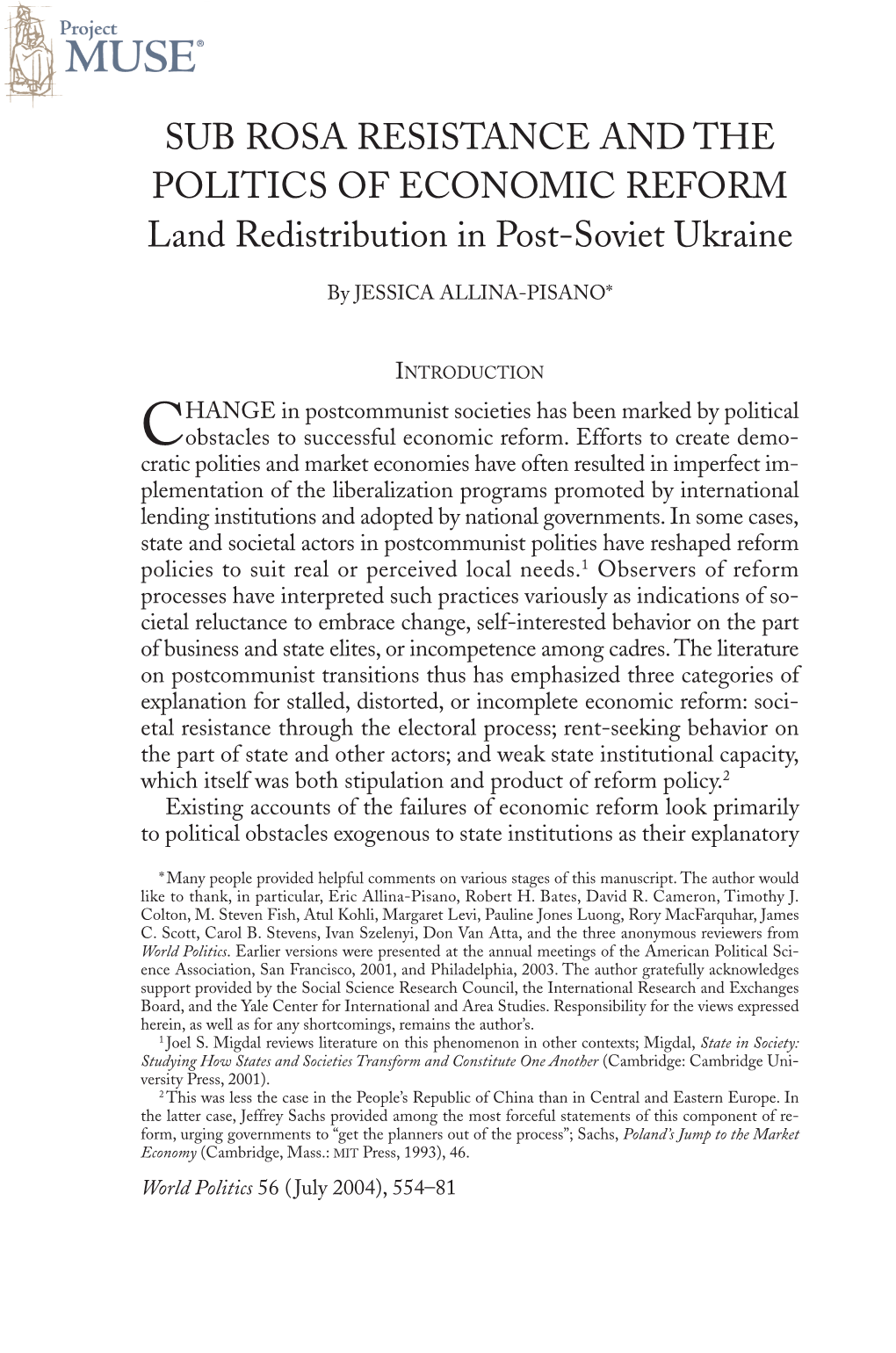 Sub Rosa Resistance and the Politics of Economic Reform: Land