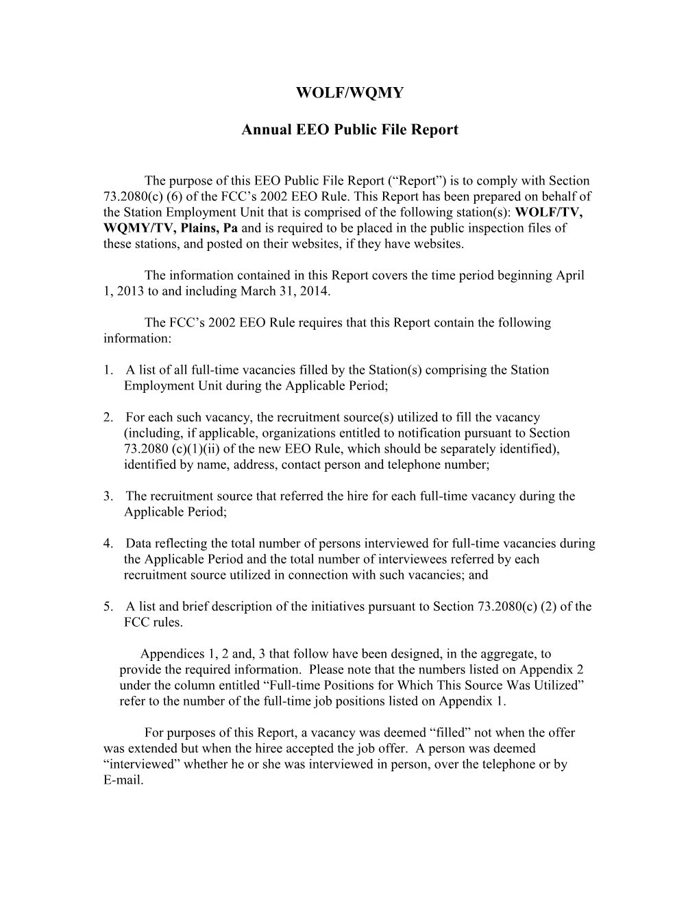 Sample Annual EEO Public File Report Form