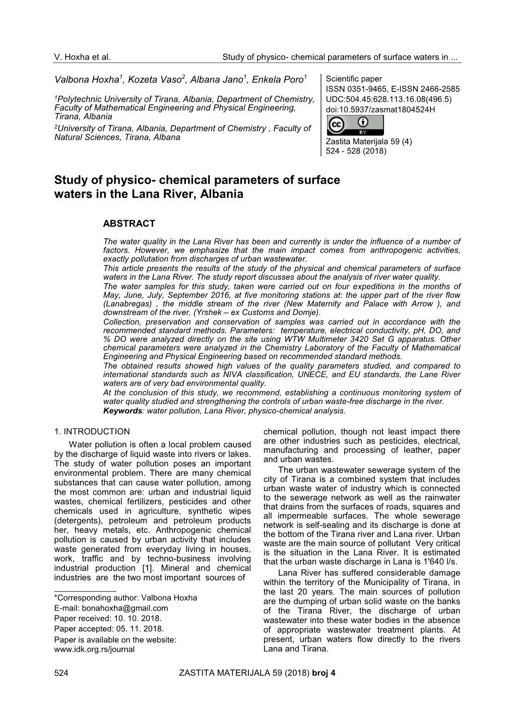 Chemical Parameters of Surface Waters in the Lana River,Albania