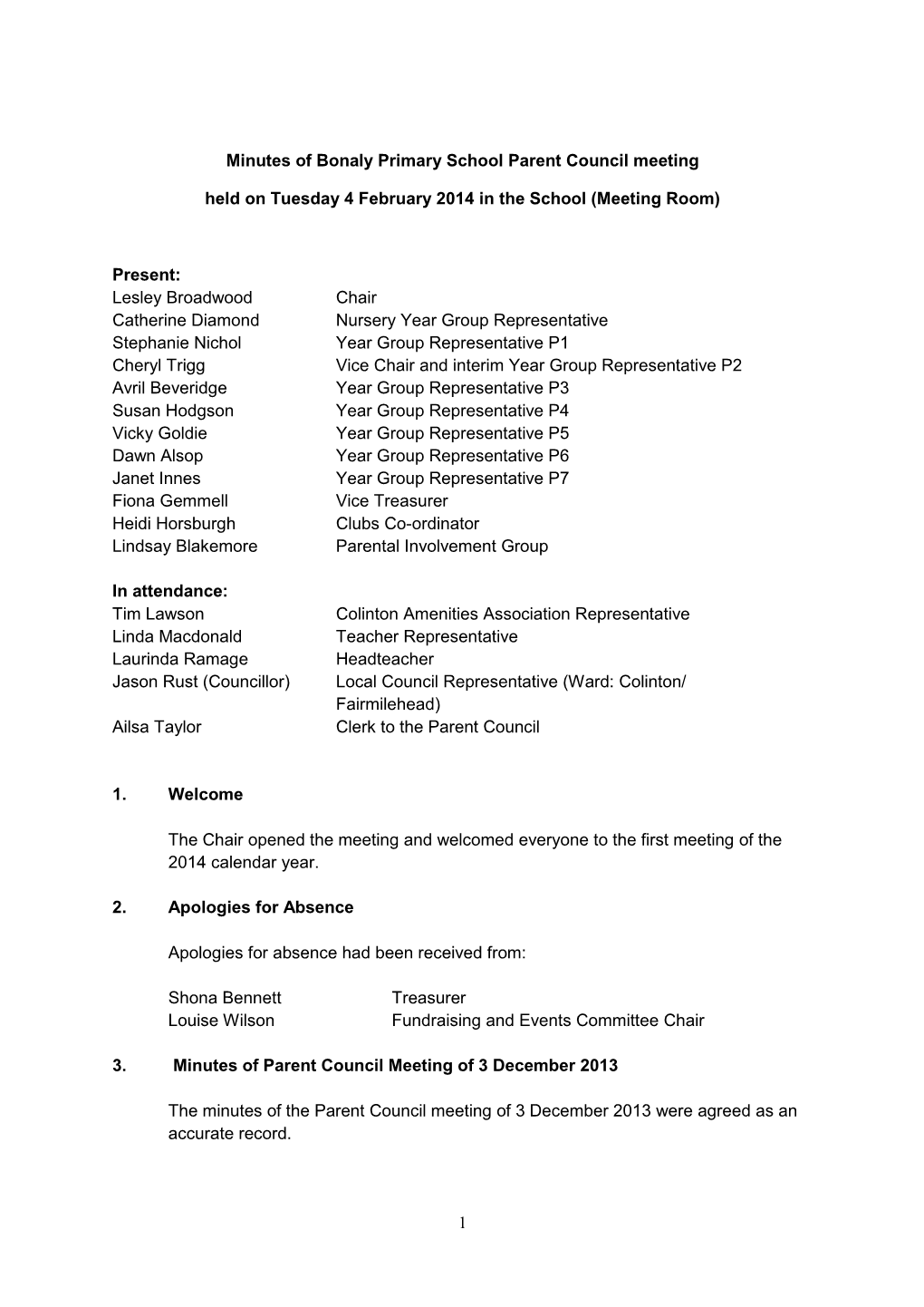 Minutes of Bonaly Primary School Parent Council Meeting