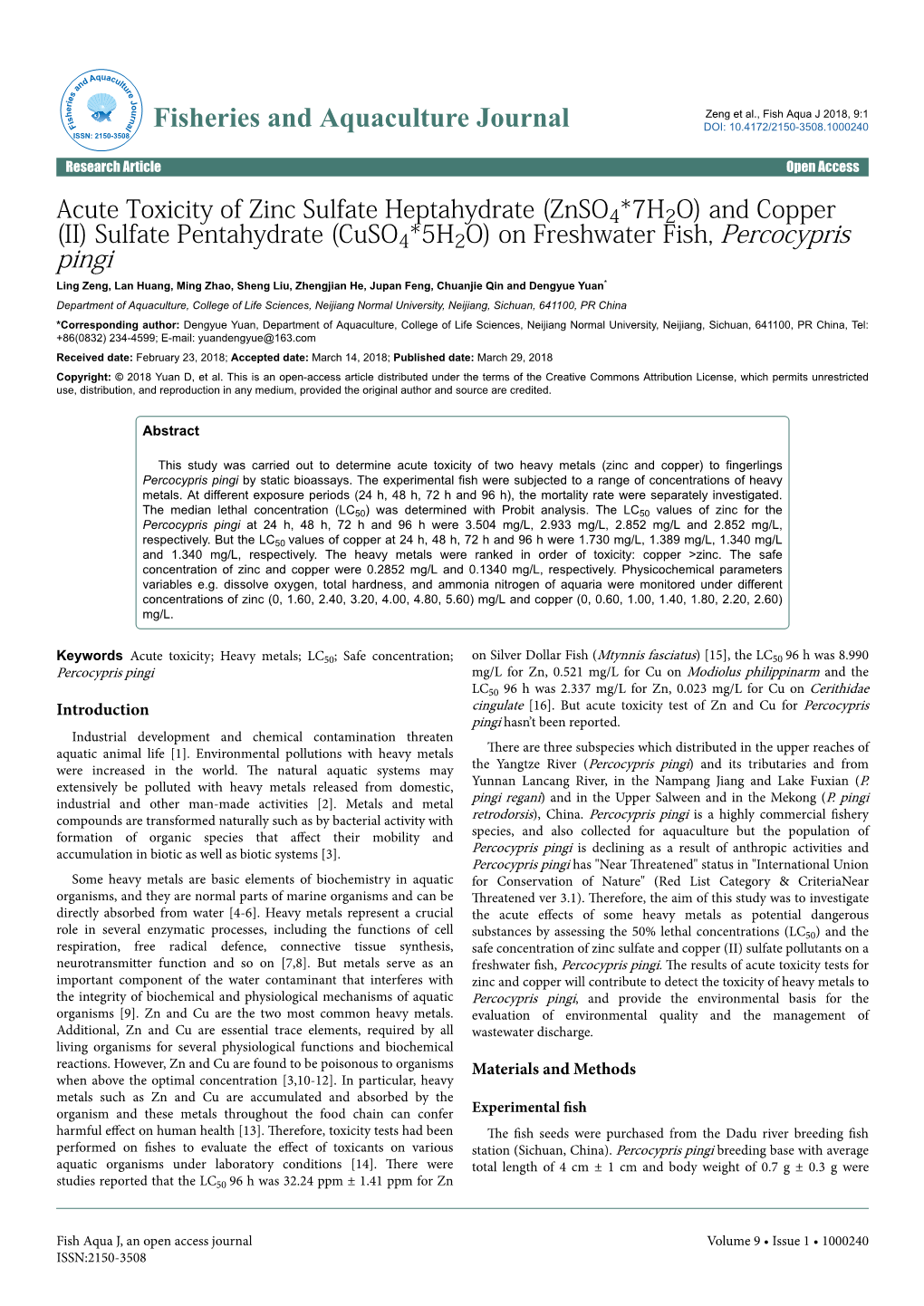 Acute Toxicity of Zinc Sulfate Heptahydrate (Znso4*7H2O) And