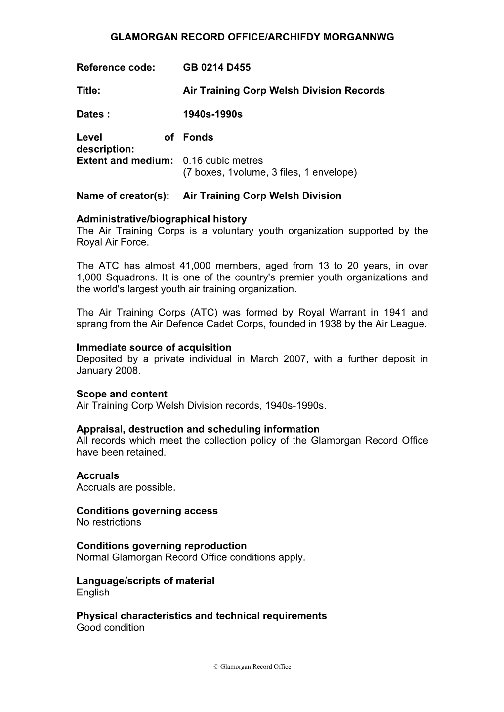 GB 0214 D455 Title: Air Training Corp Welsh Division Records Dates