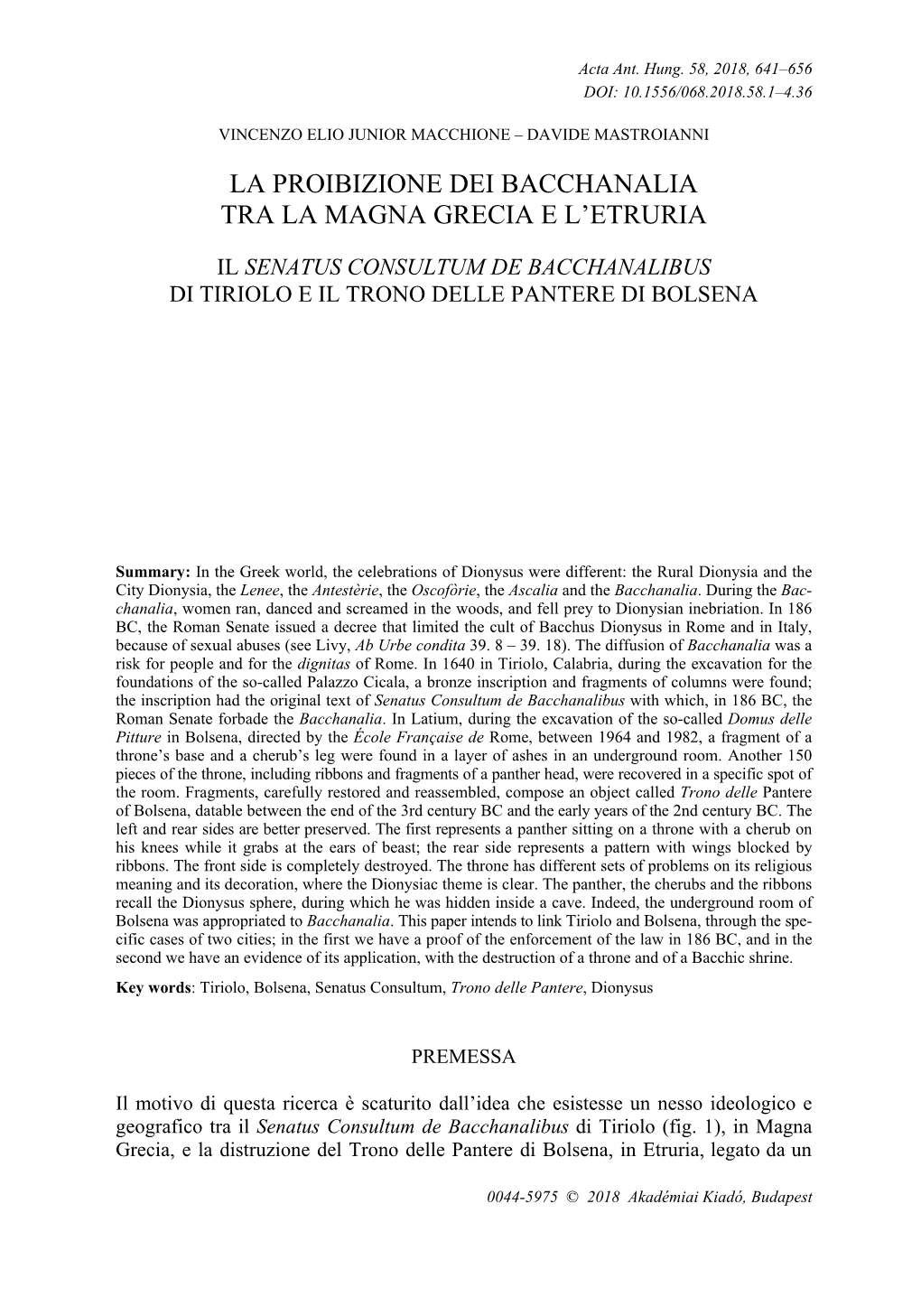 La Proibizione Dei Bacchanalia Tra La Magna Grecia E L’Etruria