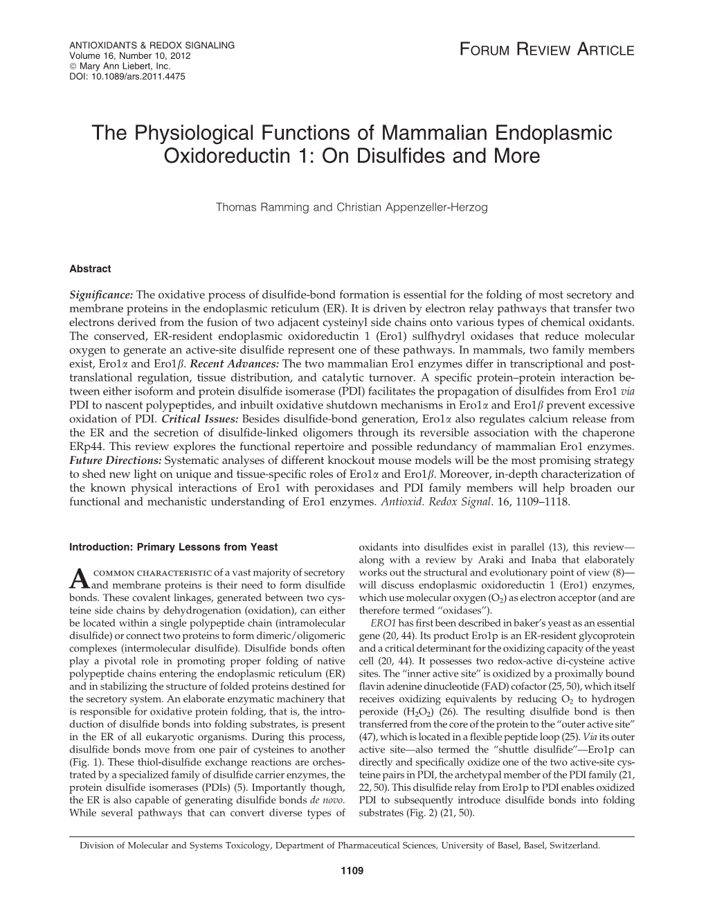 The Physiological Functions of Mammalian Endoplasmic Oxidoreductin 1: on Disulﬁdes and More