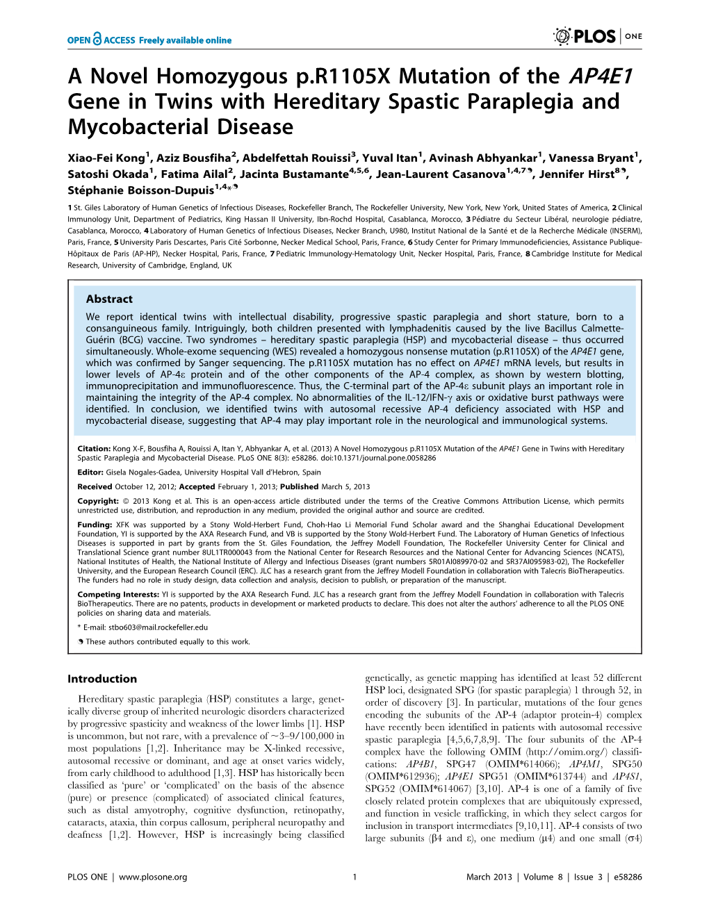 A Novel Homozygous P.R1105X Mutation of the AP4E1 Gene in Twins with Hereditary Spastic Paraplegia and Mycobacterial Disease