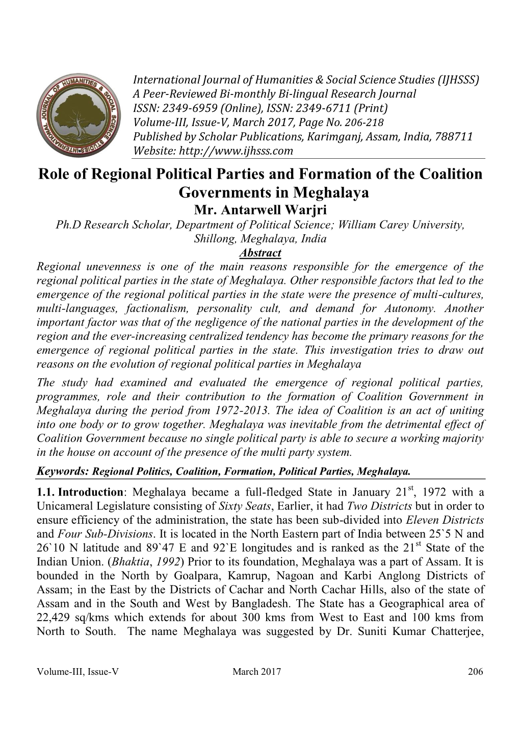 Role of Regional Political Parties and Formation of the Coalition Governments in Meghalaya Mr