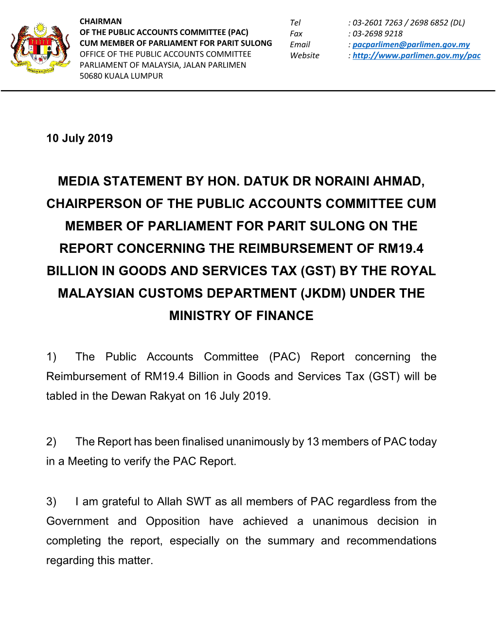 Media Statement by Hon. Datuk Dr Noraini Ahmad, Chairperson of the Public Accounts Committee Cum Member of Parliament for Parit